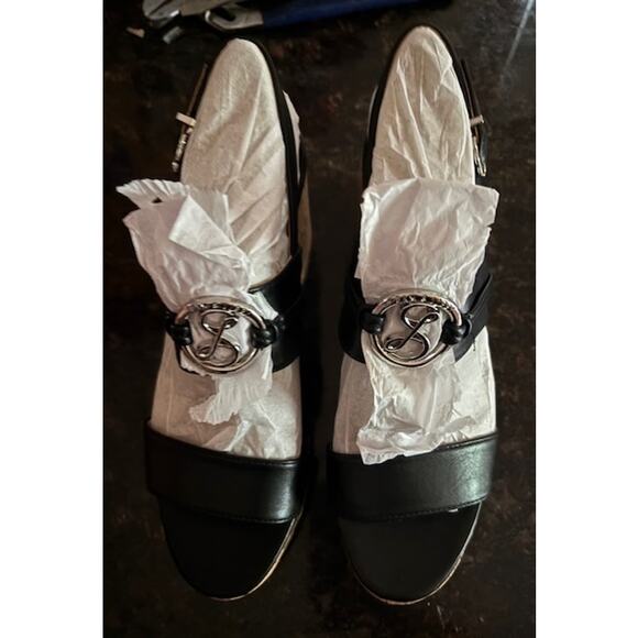 NIB Sam and Libby Chandler Cork Wedge Sandal Black Size 10 Platform Faux Leather - Picture 5 of 14